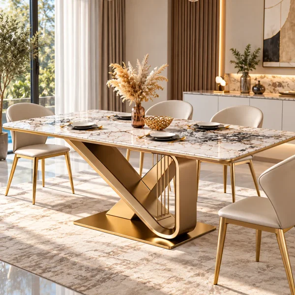 Veyra Loop geometric marble dining table with gold stainless steel base